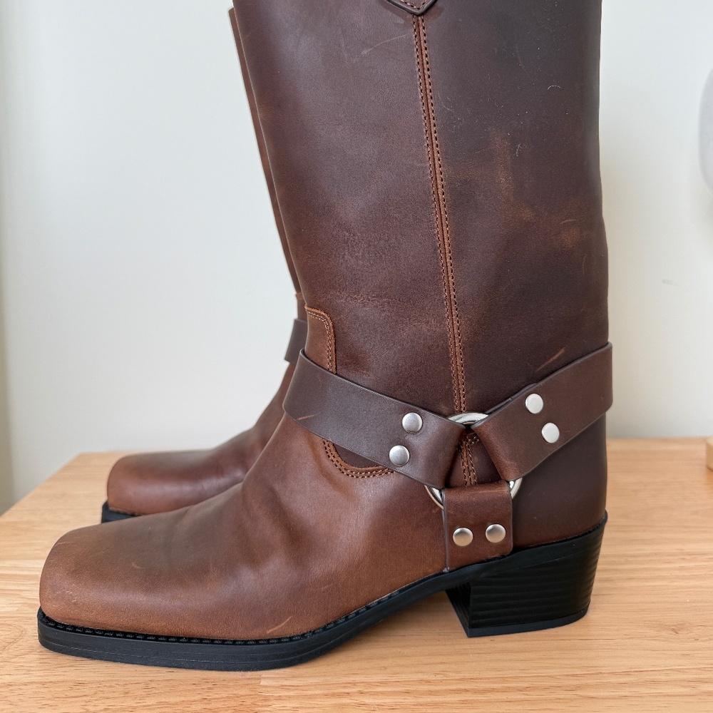 H&M Brown Leather Moto Combat Boots size 40